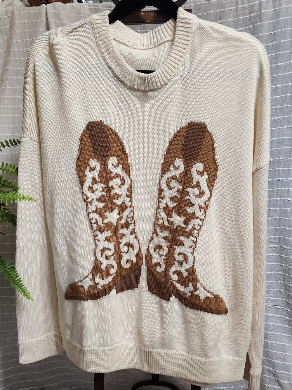 Show Me Your Mumu Stay Awhile Cowboy Boot Knit Sweater Ivory Cream Oversized L